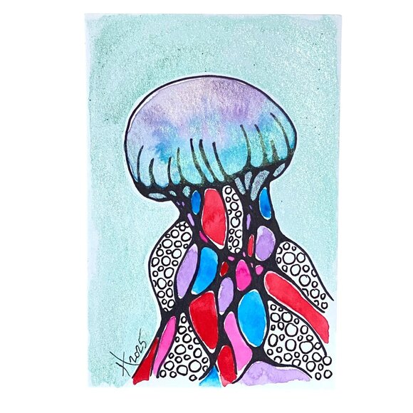 Neuro Jelly Original Wall Art Jellyfish Neurographic Watercolor Painting 4x6in - Picture 1 of 5